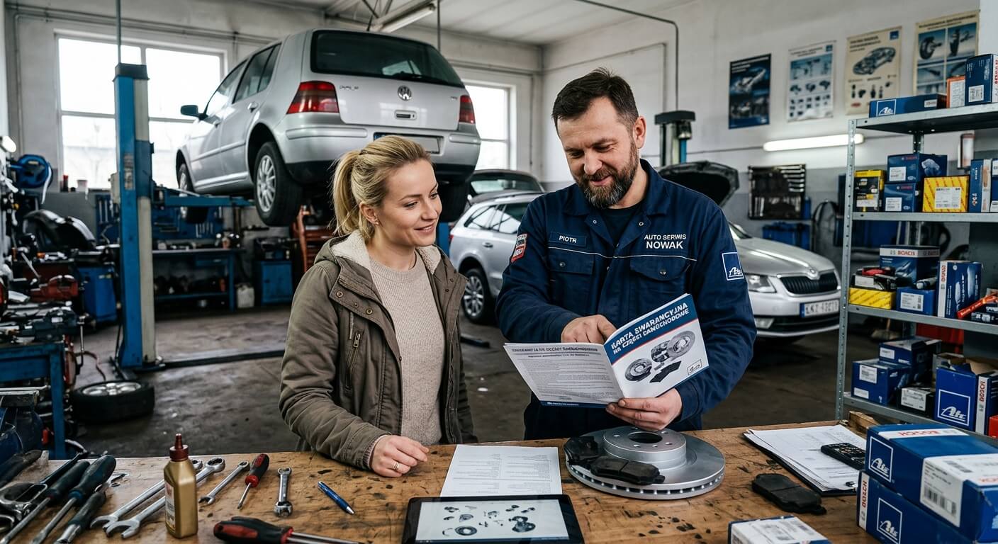 Mechanik pokazujący dokument gwarancyjny na części samochodowe